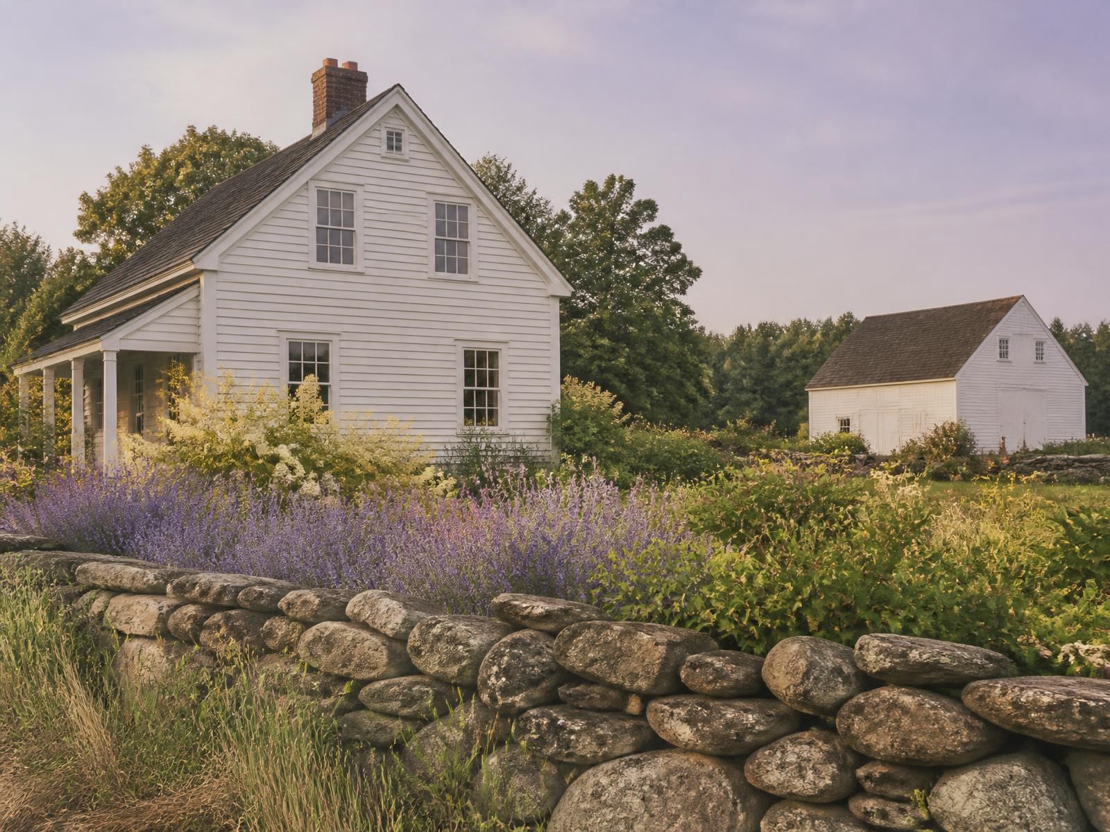 A white clapboard New England farmhouse and barn behind a perennial garden and stone wall.
