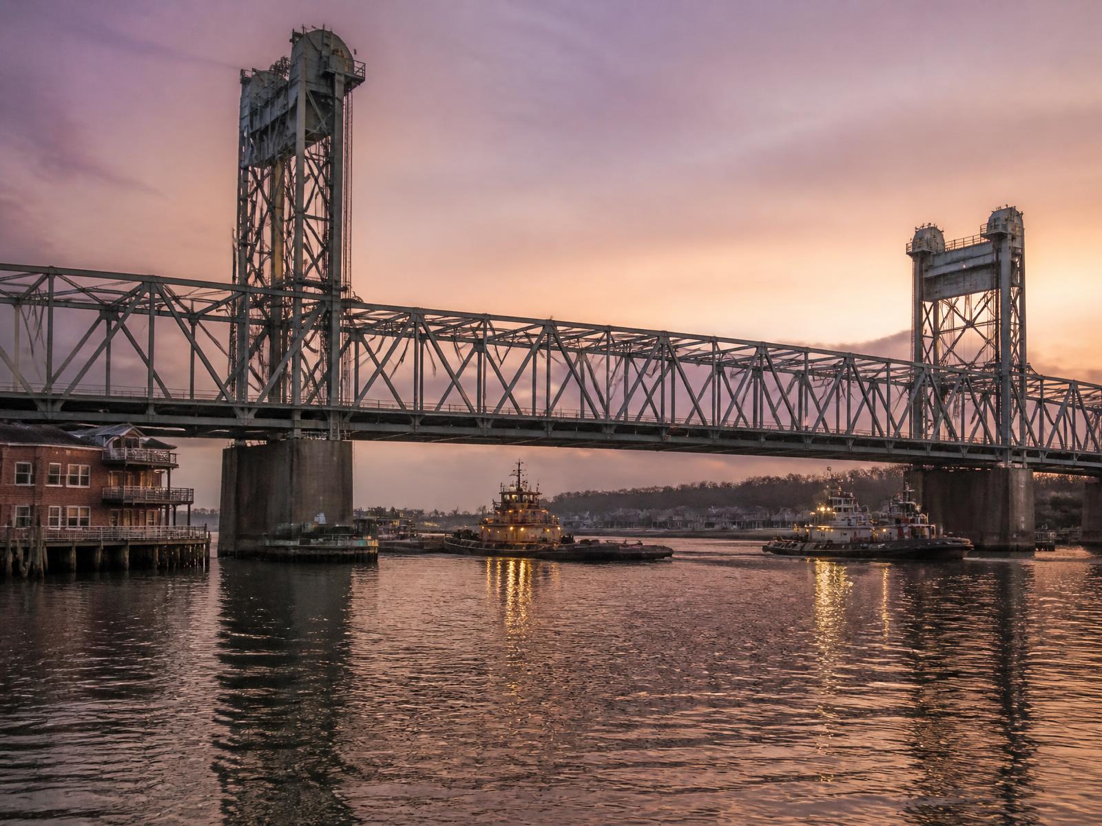 The Piscataqua River bridge between Portsmouth, NH and Kittery, ME at dusk.