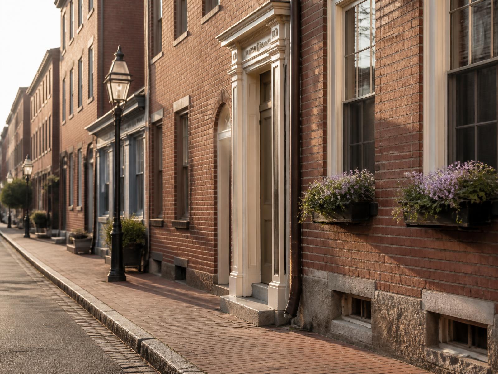 Brick storefronts and granite curbs on a downtown Portsmouth street at early light.