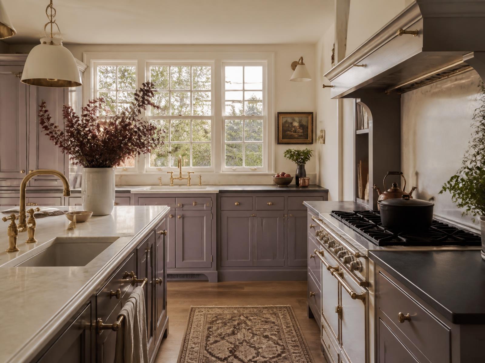 A warm-lit New England kitchen with morning light through the windows.